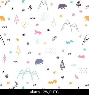 Seamless pattern with wild forest animals. Hand drawn background. Scandinavian style. Woodland life. Vector illustration Stock Vector