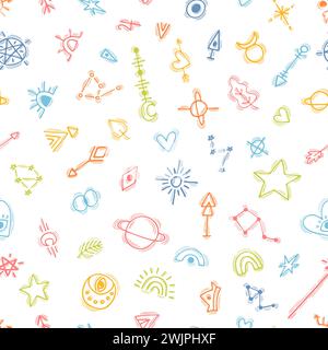 Seamless pattern with hand drawn magic witch elements. Ethnic style. Tribal background. Tattoo. Vector illustration Stock Vector