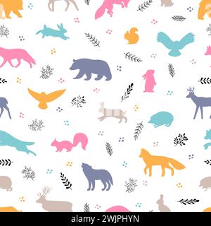 Seamless pattern with wild forest animals. Woodland life. Background for textile, fabric, wrapping paper, clothing. Vector illustration Stock Vector