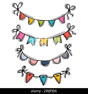 Set of hand drawn festive garlands. Wedding, anniversary, birthday, party, Christmas. Sketch style. Vector illustration Stock Vector