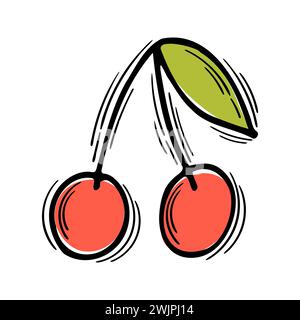 Hand drawn colored cherry on white background. Cute summer element. Doodle, sketch. Vector illustration Stock Vector