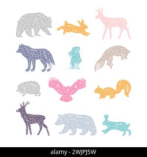 Forest animals with floral elements. Wild woodland animals. Hand drawn silhouettes. Flourish ornament. Vector illustration Stock Vector