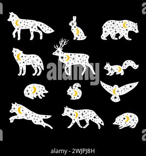 Celestial forest animals. Universe. Hand drawn silhouettes. Wild woodland animals.Totem. Vector illustration Stock Vector