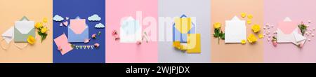 Collage of envelopes with blank cards and flowers on color background Stock Photo