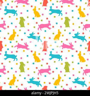 Cute seamless pattern with bunnies and daisies. Easter floral background. Rabbit, hares silhouettes. Vector illustration Stock Vector