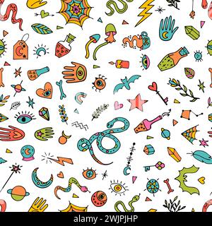 Hand drawn seamless pattern. Doodle boho style. Witchcraft print. Halloween. Mystical esoteric background. Vector illustration Stock Vector