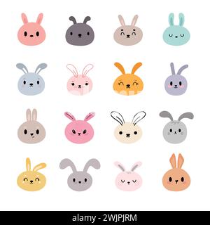 Set of cute kawaii rabbits. Cartoon character. Funny doodle animals. Little bunny. Easter, New Year theme. Vector illustration Stock Vector