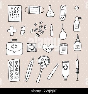 Hand drawn medicine icons. Health care, pharmacy, first aid. Outline design. Doodle style. Vector illustration Stock Vector