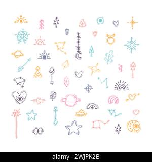 Hand drawn magical symbols. Witchy esoteric boho doodle icons. Mysterious elements. Vector illustration Stock Vector