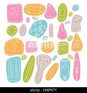 Hand drawn medicine icons. Health care, pharmacy, first aid. Outline design. Doodle style. Vector illustration Stock Vector