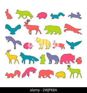 Hand drawn silhouettes. Forest animals. Outline wild woodland animals. Bear, deer, wolf, fox, owl, hedgehog, squirrel, hare. Vector illustration Stock Vector