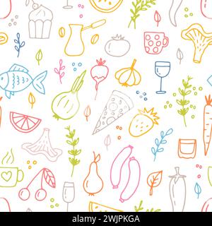 Hand drawn seamless pattern with different type of food and drinks. Doodle style. Healthy food. Vector illustration Stock Vector