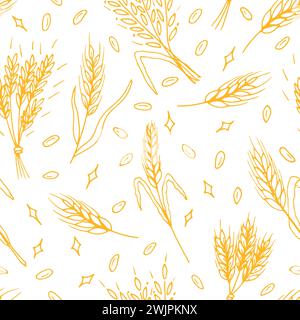Seamless pattern with hand drawn spikelets of wheat in sketch. Grain ears. Rye, barley, wheat. Vector illustration Stock Vector