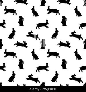 Hand drawn seamless pattern with hares silhouettes. Rabbit, bunny. Background with black animals. Vector illustration Stock Vector