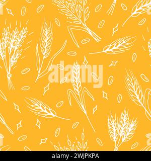 Seamless pattern with hand drawn spikelets of wheat in sketch. Grain ears. Rye, barley, wheat. Vector illustration Stock Vector