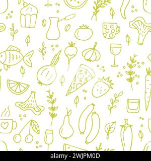 Hand drawn seamless pattern with different type of food and drinks. Doodle style. Healthy food. Vector illustration Stock Vector