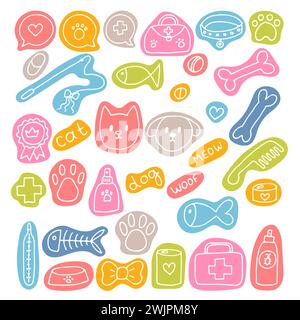 Hand drawn vet icons. Pet shop or store concept. Caring for animals dogs, cats. Pets stuff and supply set. Vector illustration Stock Vector