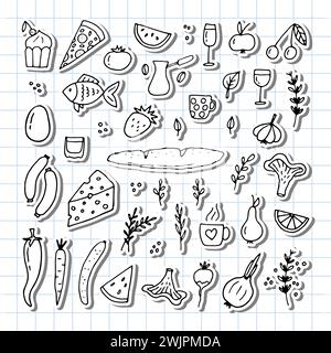 Hand drawn set of different food and drinks. Doodle style. Healthy food ingredients. Vector illustration Stock Vector