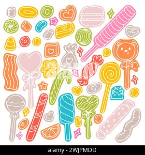 Hand drawn set of sweets and candies. Desserts, chocolate, macaroons, marshmallow. Doodle style. Sweet food. Vector illustration Stock Vector