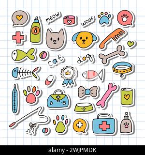 Hand drawn vet icons. Pet shop or store concept. Caring for animals dogs, cats. Pets stuff and supply set. Vector illustration Stock Vector