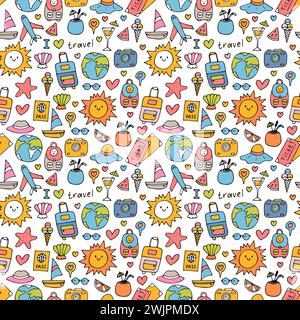 Hand drawn seamless pattern with travel icons. Summer vacation. Doodle, sketch. Traveling, holidays, relaxation. Vector illustration Stock Vector