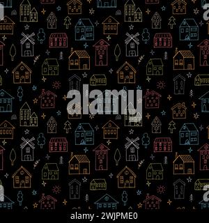 Cute seamless pattern with hand drawn houses. Buildings. Doodle style. Texture for fabric, textile, wrapping, wallpaper. Vector illustration Stock Vector
