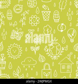 Seamless pattern with outline eco icons and recycles symbols. Save the planet. Hand drawn elements. Sketch, doodle. Vector illustration Stock Vector
