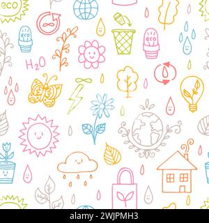 Seamless pattern with outline eco icons and recycles symbols. Save the planet. Hand drawn elements. Sketch, doodle. Vector illustration Stock Vector