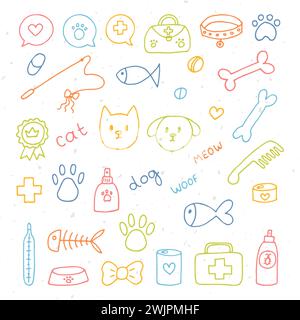 Hand drawn vet icons. Pet shop or store concept. Caring for animals dogs, cats. Pets stuff and supply set. Vector illustration Stock Vector