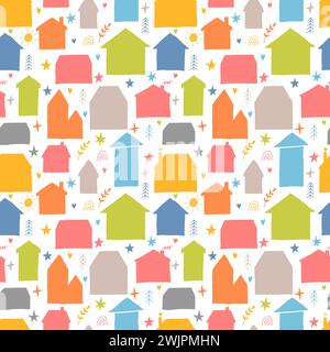 Cute seamless pattern with hand drawn houses. Buildings. Doodle style. Texture for fabric, textile, wrapping, wallpaper. Vector illustration Stock Vector