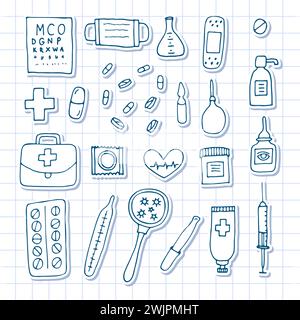 Hand drawn medicine icons. Health care, pharmacy, first aid. Outline design. Doodle style. Vector illustration Stock Vector
