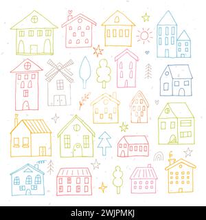 Collection of coloured hand drawn houses. Set of sketched buildings. Doodle style. Vector illustration Stock Vector