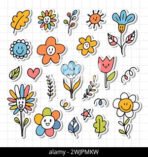 Cute hand drawn happy flowers. Doodle. Funny faces. Floral design elements. Outline. Vector illustration Stock Vector