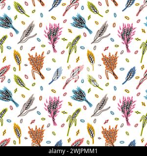 Seamless pattern with hand drawn spikelets of wheat in sketch. Grain ears. Rye, barley, wheat. Vector illustration Stock Vector