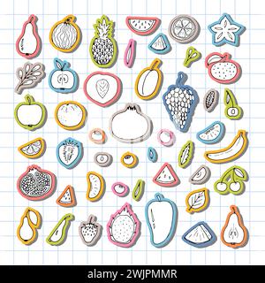 Big set of hand drawn fruit and berries icons. Summer fruit collection. Sketch, doodle style. Vector illustration Stock Vector