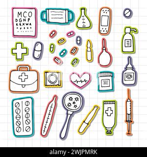 Hand drawn medicine icons. Health care, pharmacy, first aid. Outline design. Doodle style. Vector illustration Stock Vector