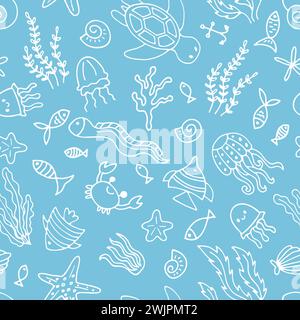 Hand drawn seamless pattern with underwater animals. Ocean, sea life. Nautical background. Vector illustration Stock Vector