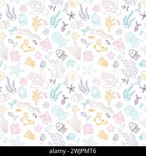 Hand drawn seamless pattern with underwater animals. Ocean, sea life. Nautical background. Vector illustration Stock Vector