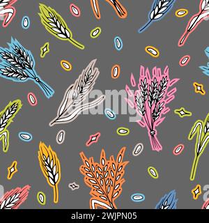 Seamless pattern with hand drawn spikelets of wheat in sketch. Grain ears. Rye, barley, wheat. Vector illustration Stock Vector