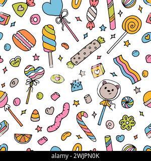 Seamless doodle pattern with candies, sweets and lollipops. Hand drawn background. Great for fabric, textile, wrapping paper. Vector illustration Stock Vector