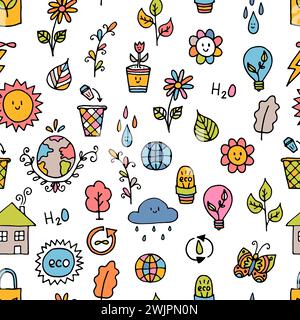 Seamless pattern with outline eco icons and recycles symbols. Save the planet. Hand drawn elements. Sketch, doodle. Vector illustration Stock Vector