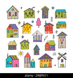 Set of cute hand drawn houses. Collection of sketched buildings. Doodle style. Vector illustration Stock Vector