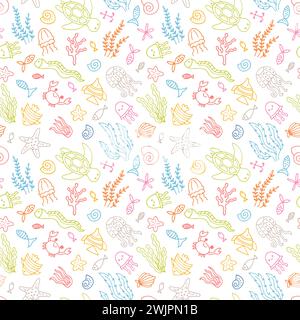 Hand drawn seamless pattern with underwater animals. Ocean, sea life. Nautical background. Vector illustration Stock Vector