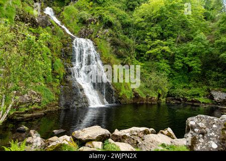 Aerial view of Assaranca Waterfall, one of Donegal's most beautiful waterfalls. Hidden gem that must-see for tourists visiting the region. Stunning na Stock Photo