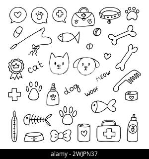 Hand drawn vet icons. Pet shop or store concept. Caring for animals dogs, cats. Pets stuff and supply set. Vector illustration Stock Vector