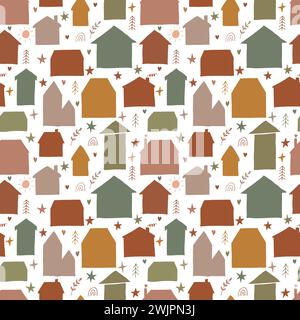 Cute seamless pattern with hand drawn houses. Buildings. Doodle style. Texture for fabric, textile, wrapping, wallpaper. Vector illustration Stock Vector