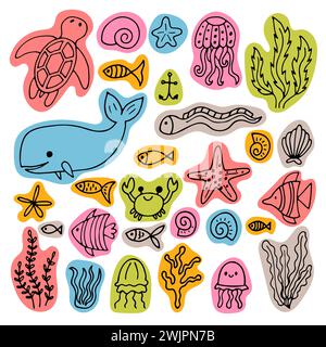 Set of sea animals in hand drawn style. Ocean life. Underwater, under the sea, marine. Vector illustration Stock Vector