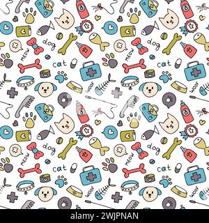 Cute pet seamless pattern. Hand drawn animal background for pet shop, store or vet. Veterinary medicine. Vector illustration Stock Vector