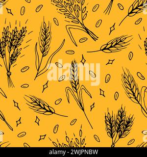 Seamless pattern with hand drawn spikelets of wheat in sketch. Grain ears. Rye, barley, wheat. Vector illustration Stock Vector