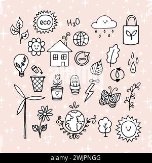 Hand drawn ecology, eco icons. Zero waste concept. Alternative energy. Ecological, green lifestyle. Vector illustration Stock Vector